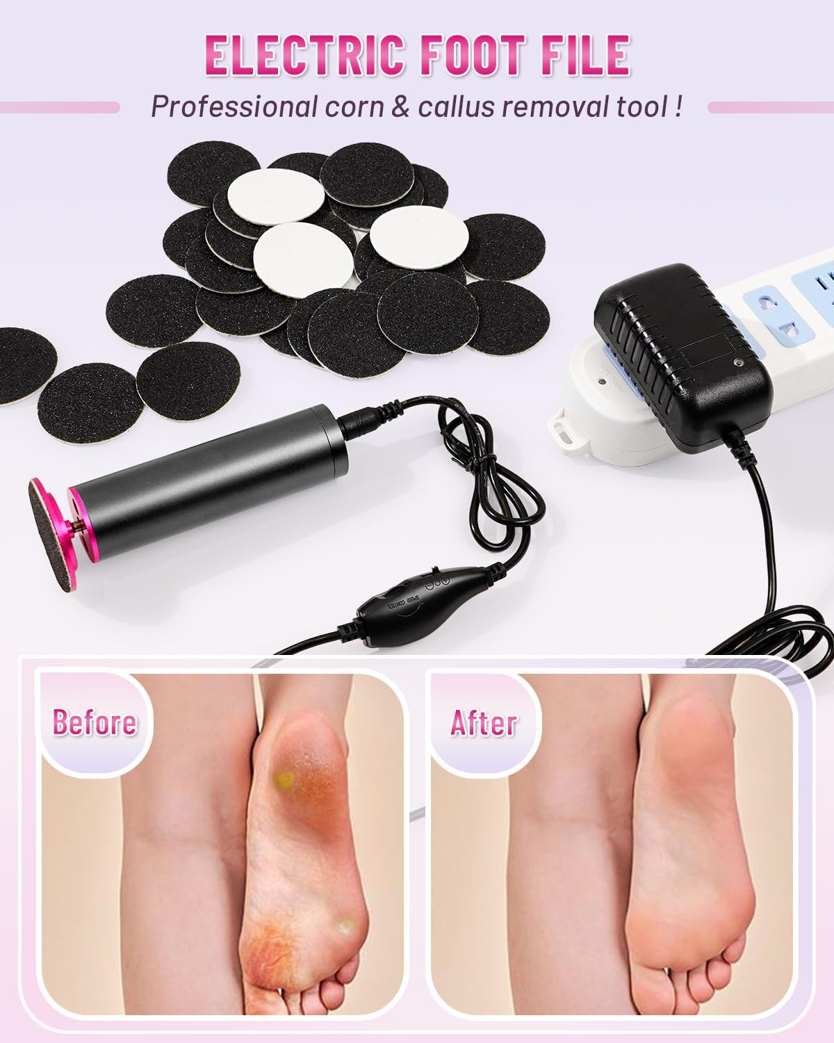 Electric Callus Remover for Feet - Professional Pedicure Tool with 60 Sandpaper Discs & Adjustable Speed | Heel Grinder Sander