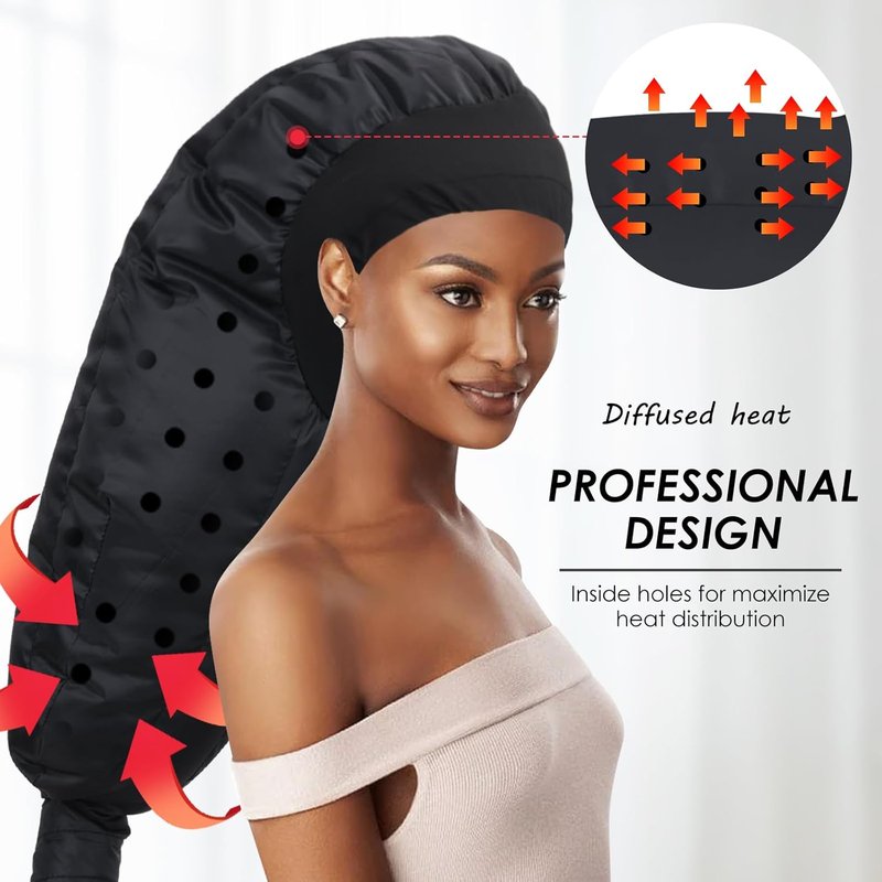Hair Dryer Bonnet Attachment - Extra Large Adjustable Hooded Cap for Natural Curly Hair Care | Fast Drying, Easy to Use - Black