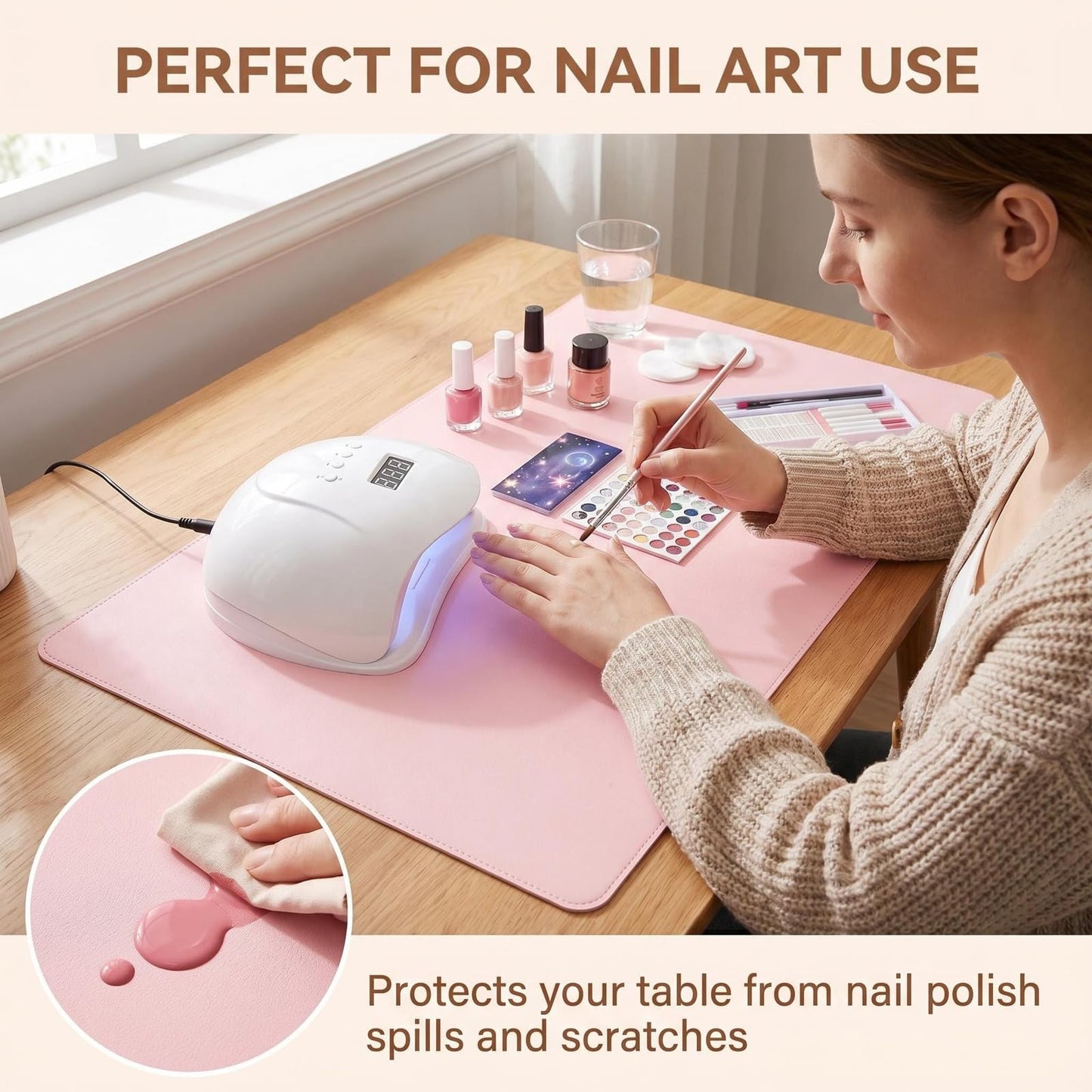 VANTOBEST 23.6 x 11.8 inches Foldable Nail Art Table Mat, Waterproof Non-Slip PU Leather Nail Desk Pad, Reusable Manicure Mat for Nail Tech Salon Home Acrylic Nails (Pink)