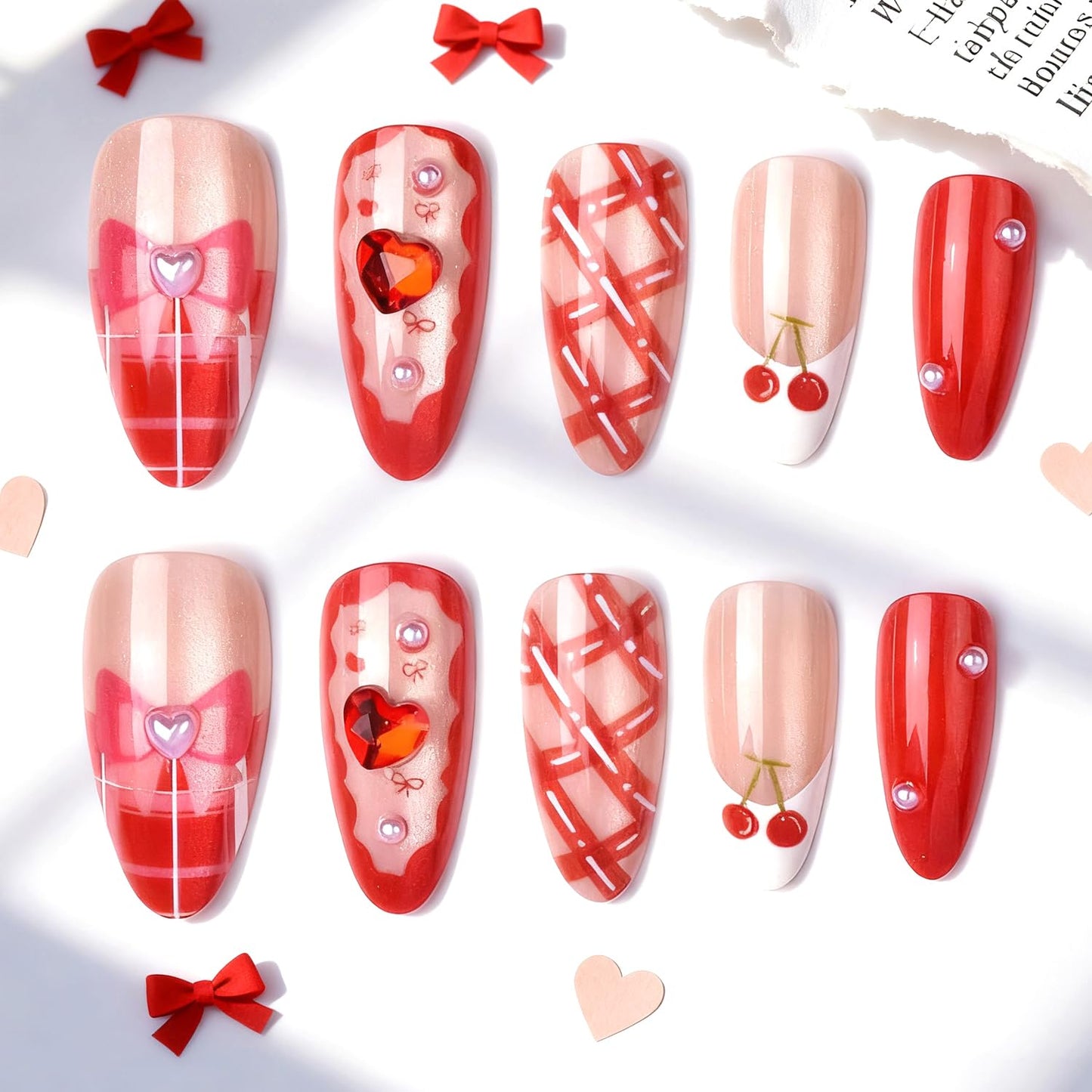 Press-On Nails - 24Pcs Medium Almond Fake Nails with Lotus & Lucky Koi Design | Glossy Full Cover for Spring/Summer DIY Manicure