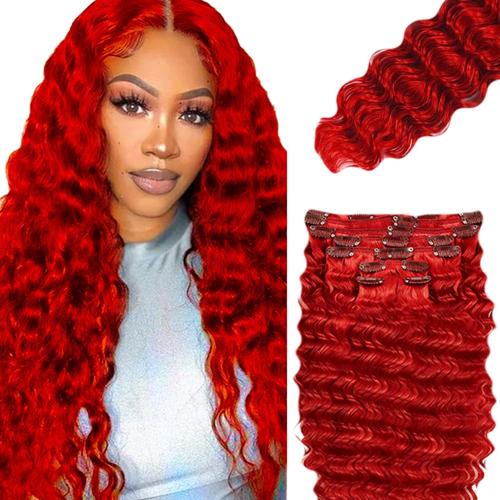 Red Clip in Hair Extensions Real Human Hair, 28 Inch 120g/7Pcs,Full Shine Remy Hair,Wine Red Deep Wave Clip ins Brazilian Virgin Human Hair Extensions