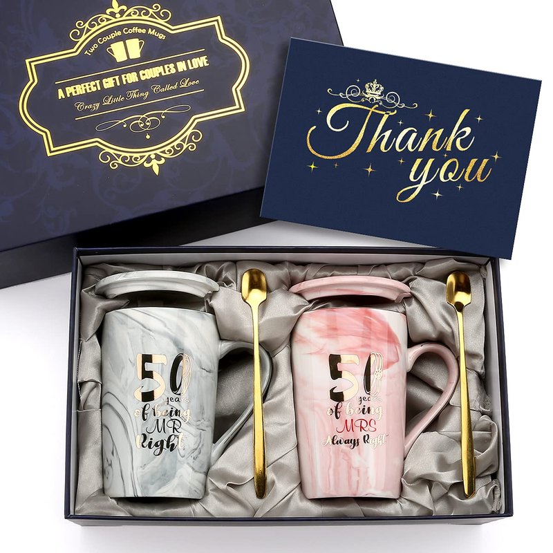 Sovyime 50 Years of Being Mr Right and Mrs Always Right Wedding Marriage Anniversary Cup for Couple Ceramic Marble Coffee Mugs - 14 Oz (50th Anniversary)