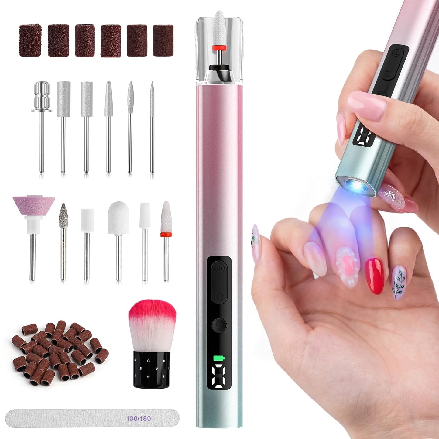 Cordless Electric Nail File Drill - 5 Speed Rechargeable Manicure & Pedicure Kit | UV Light, Portable, for Human & Pet Nails, Grey