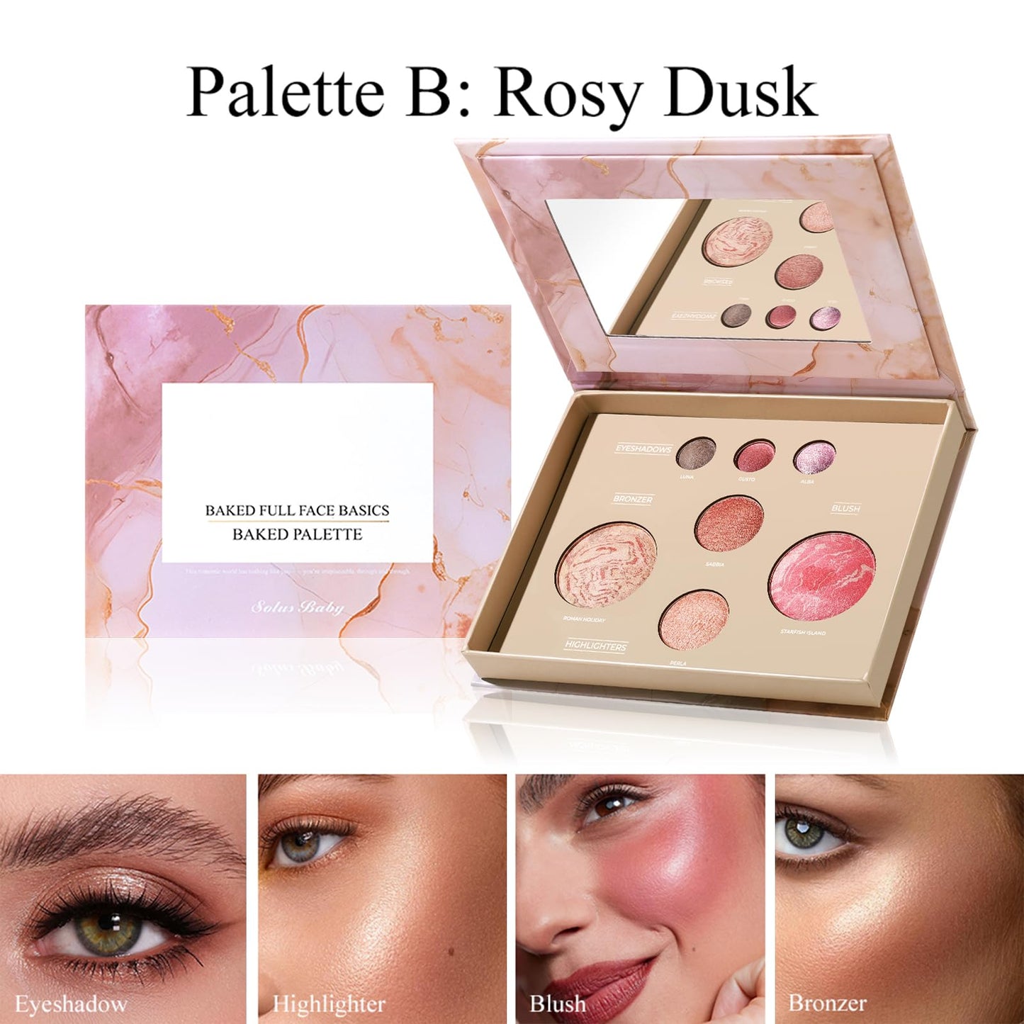All-in-One Baked Makeup Palette with 3 Eyeshadows, 2 Highlighters, 1 Blush & 1 Bronzer - Highly Pigmented, Silky Smooth, Easy to Blend Full Face Make Up Pallet, Travel-Friendly Makeup Kit (02)