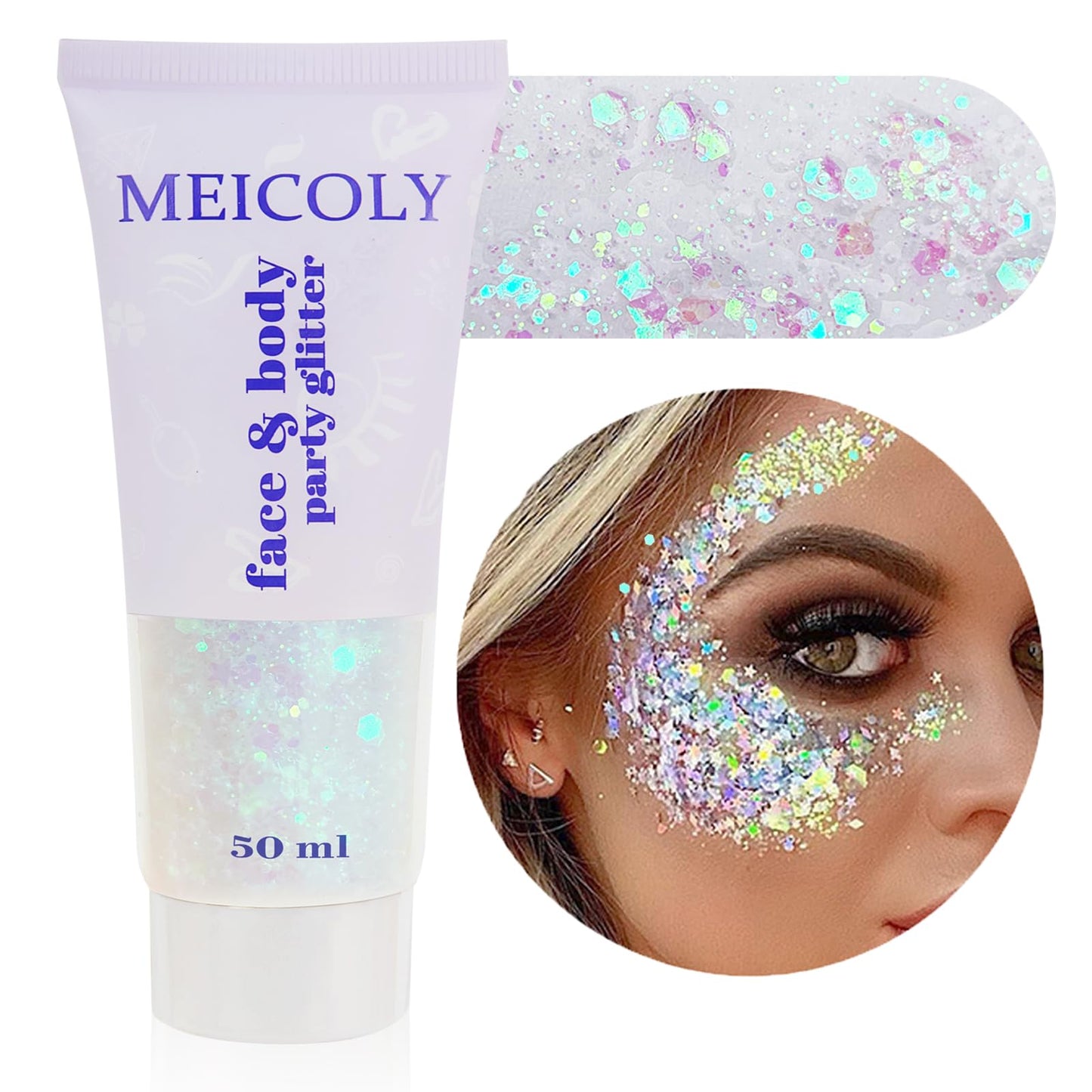 MEICOLY Clear White Face Body Glitter,Mardi Gras Face Glitter Makeup for Kids Women,Face Glitter for Running Half Marathon,Sparkly Mermaid Hair Glitter,Singer Concert Festival Rave Accessories