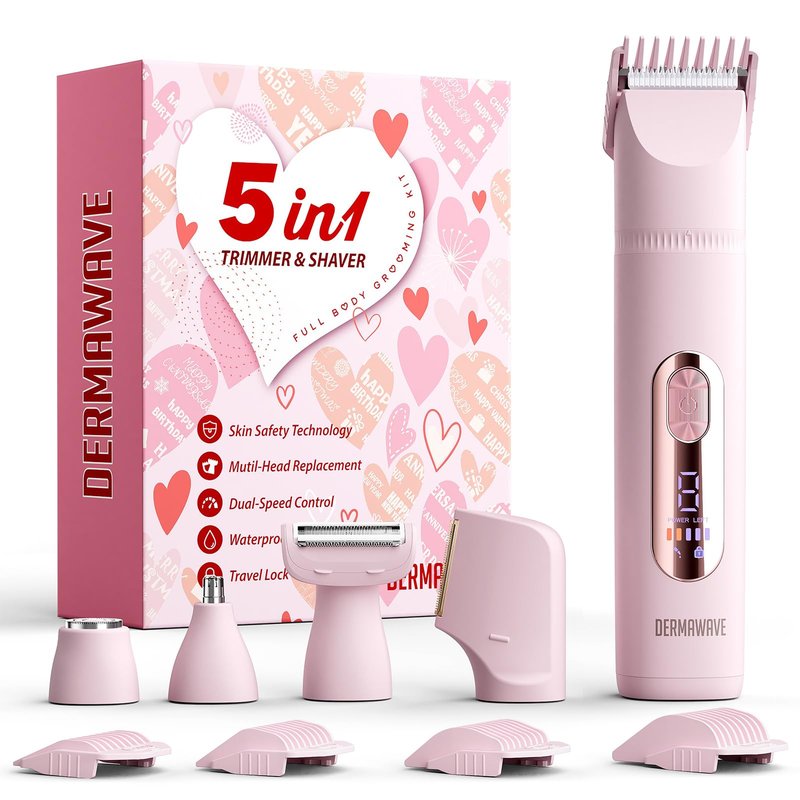 DERMAWAVE 5-in-1 Electric Bikini Trimmer for Women Pubic Hair, Waterproof Electric Razor Foil Shaver Hair Trimmer Epilator for Face, Nose, Ear, Bikini Line Area, Body, Leg, USB-C Rechargeable, Pink