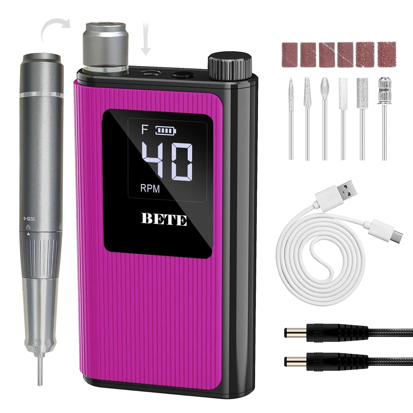 Professional Nail Drill - 40000 RPM Cordless Electric Nail File Kit with 6 Bits | Rechargeable Efile for Acrylic Gel Nails, Pink