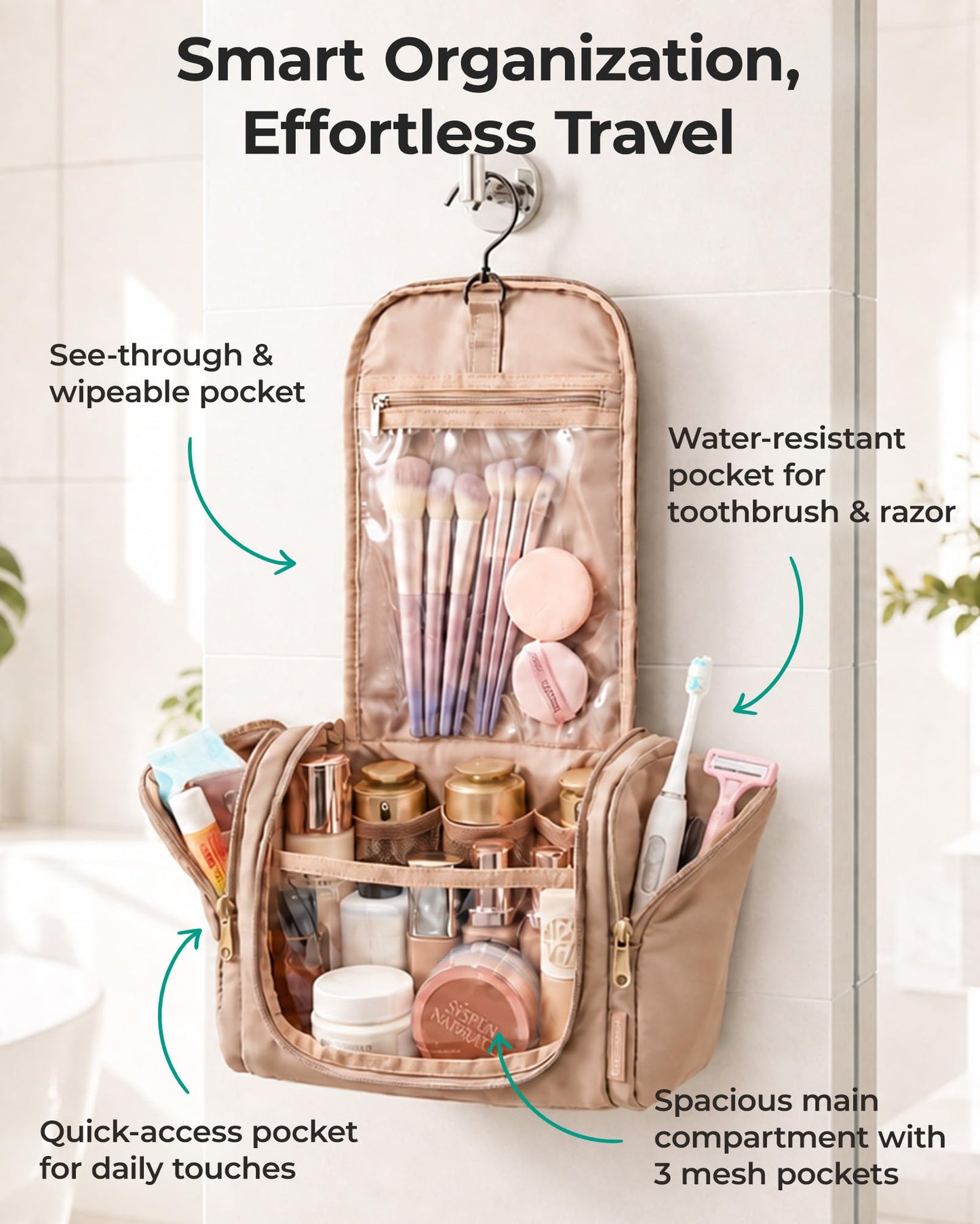 BAGSMART Travel Toiletry Bag for Women, Puffy Hanging Toiletry Bag with Hook, Water-resistant Toiletry Organizer for Full Sized Toiletries (Brown)