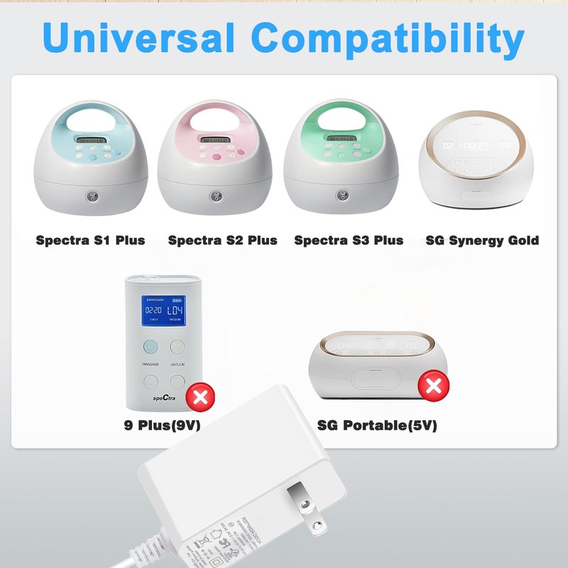 Charger Power Cord for Spectra Electric Breast Pump S1, S2, Plus, S3 Pro, SPS100, SPS200, SG Synergy Gold Charging Cord, Baby Breast Pumps AC Adapter, White