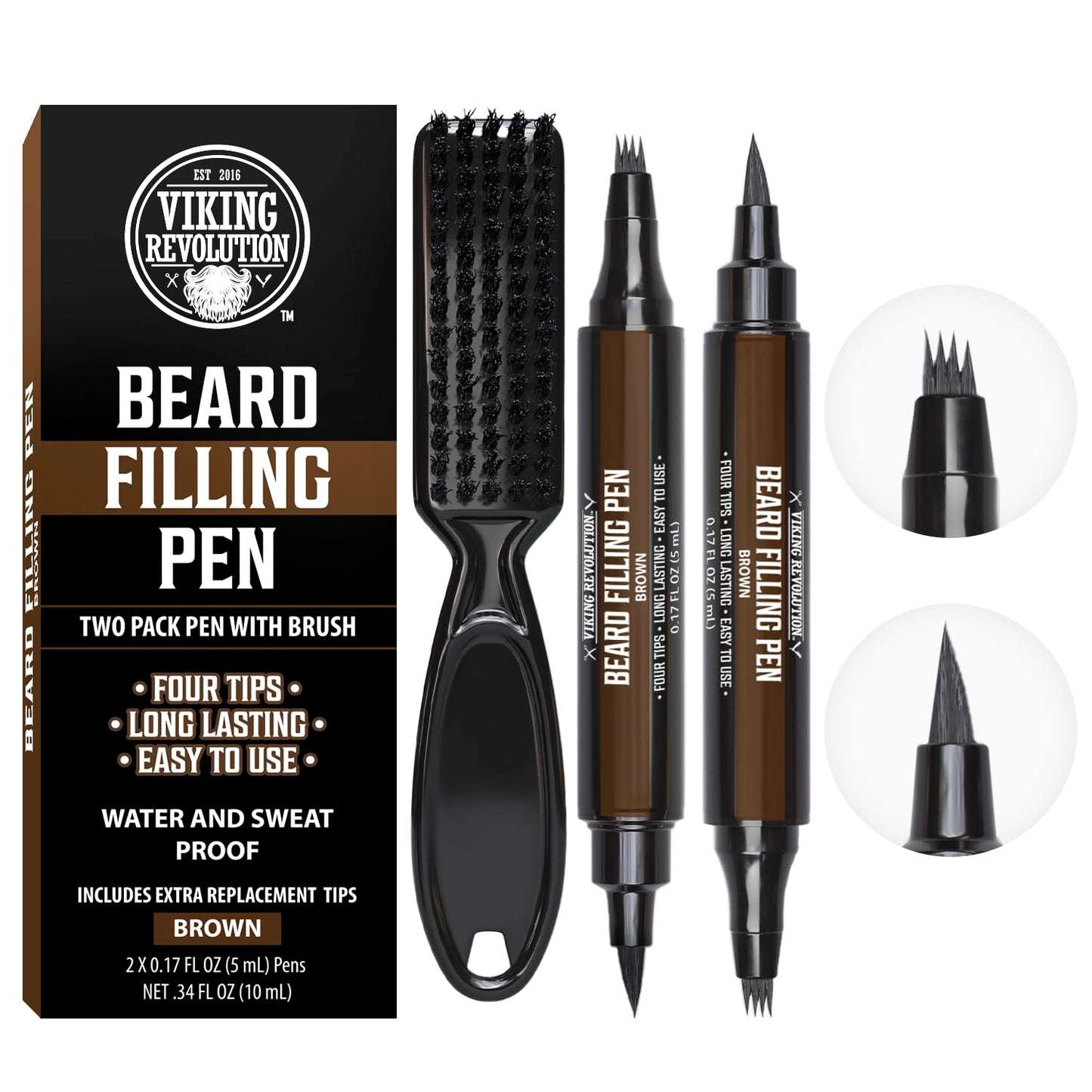 Viking Revolution Beard Pen (2 Pack) - Brown Beard Pencil Filler for Men Lapiz para Barba de Hombre - Beard Filler for Men Waterproof Beard Filling Pen Kit - Long Lasting Beard Filler Pen with Brush