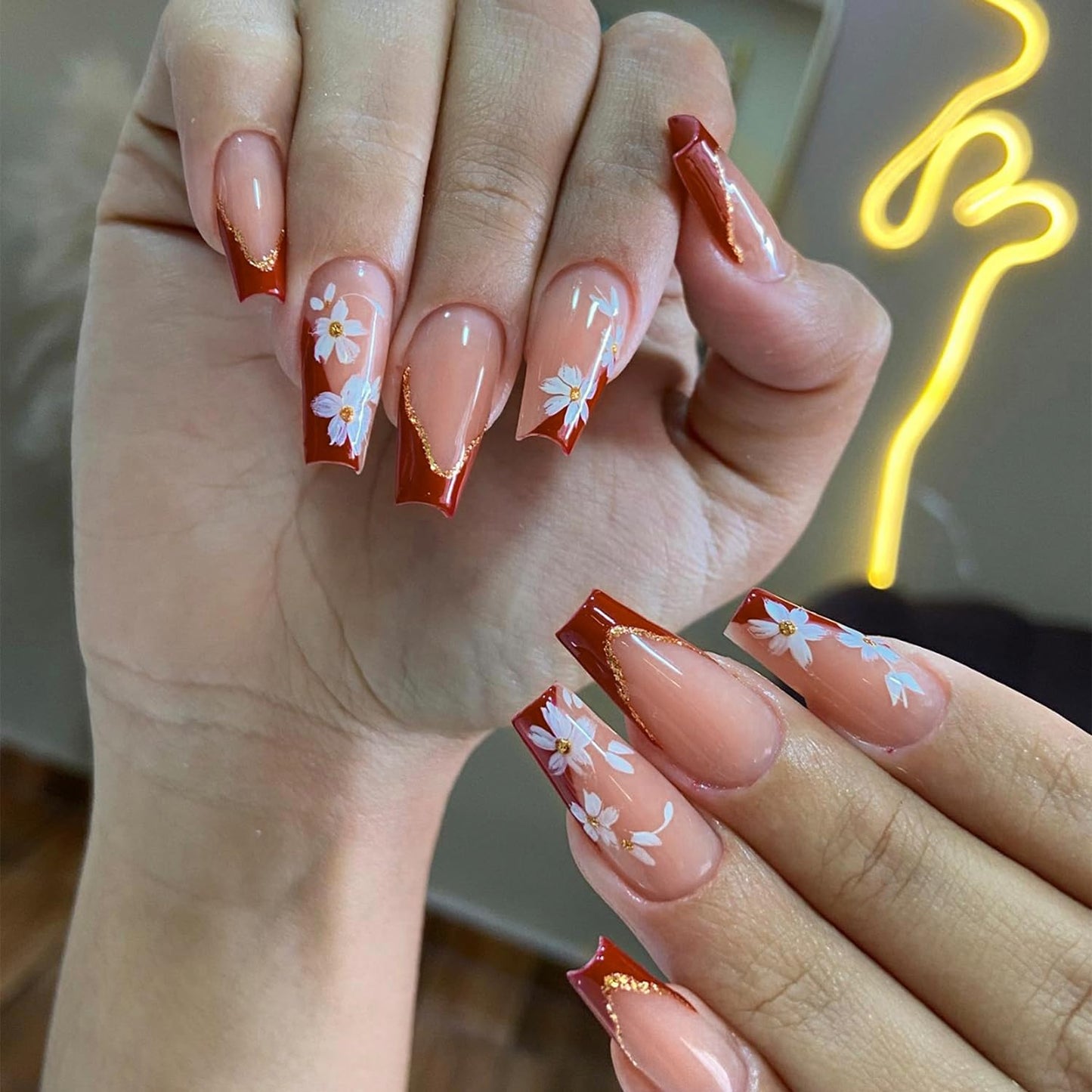 French Tip Press-On Nails - Short Square Floral Design with 3D Rhinestones | 24 Pcs Glossy Acrylic Set