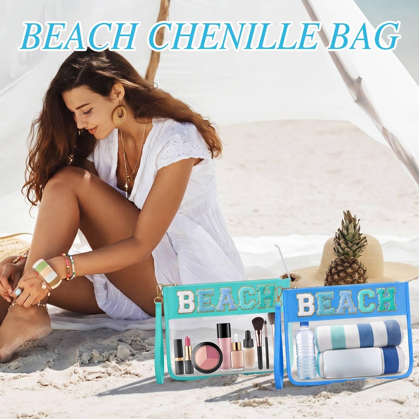 Kacctyen 6 Pcs Beach Bags Chenille Letter Clear Makeup Bag with Zipper Waterproof Cosmetic Toiletry Pouch with Handle Gym Travel Summer Gifts for Women Girls(Teal,Beach)
