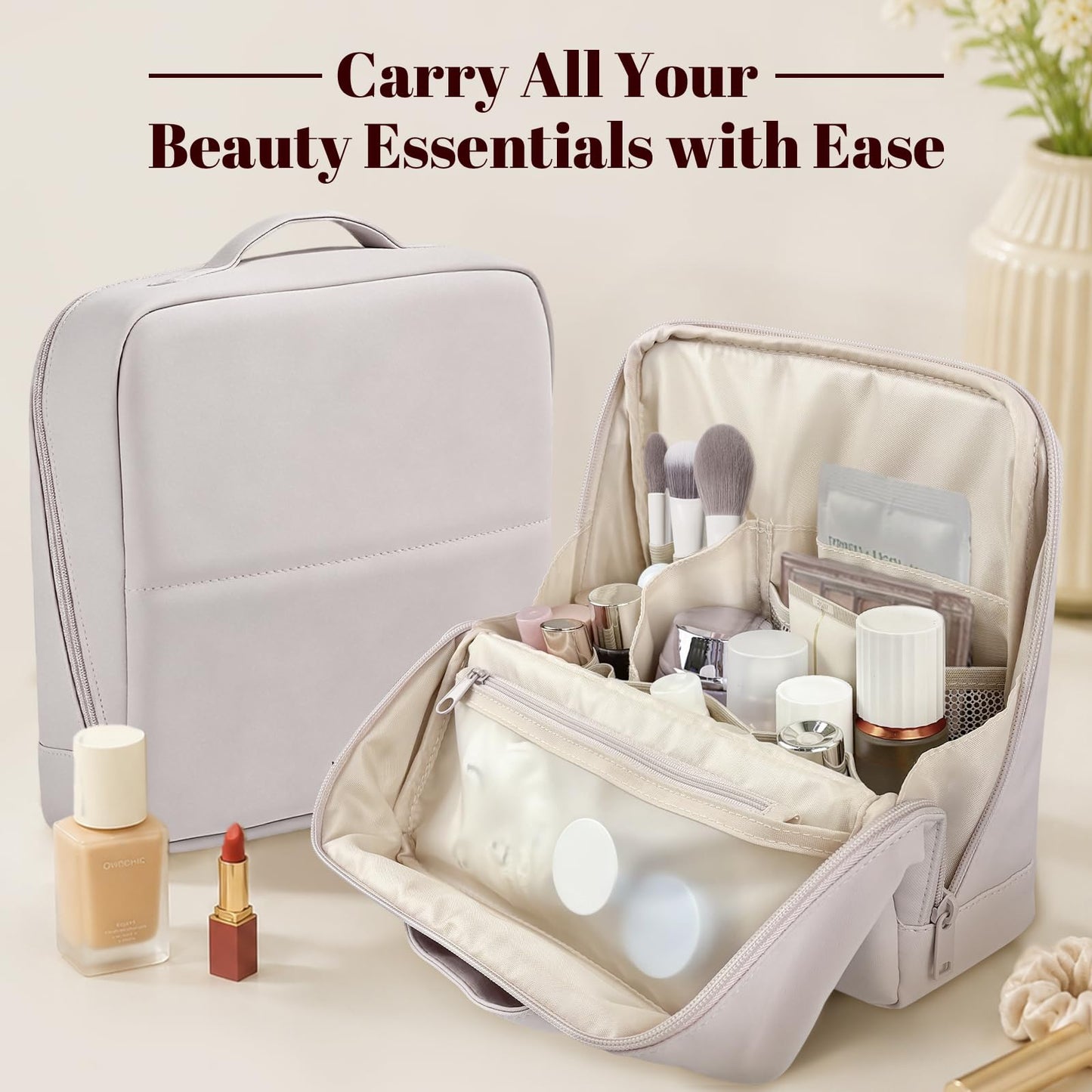 seektik Standing Makeup Bag for Women Large Waterproof Cosmetic Bags with Compartments Foldable Travel Make up Storage Bag Organizer for Toiletries & Brushes with Detachable Dividers (Light Pink)