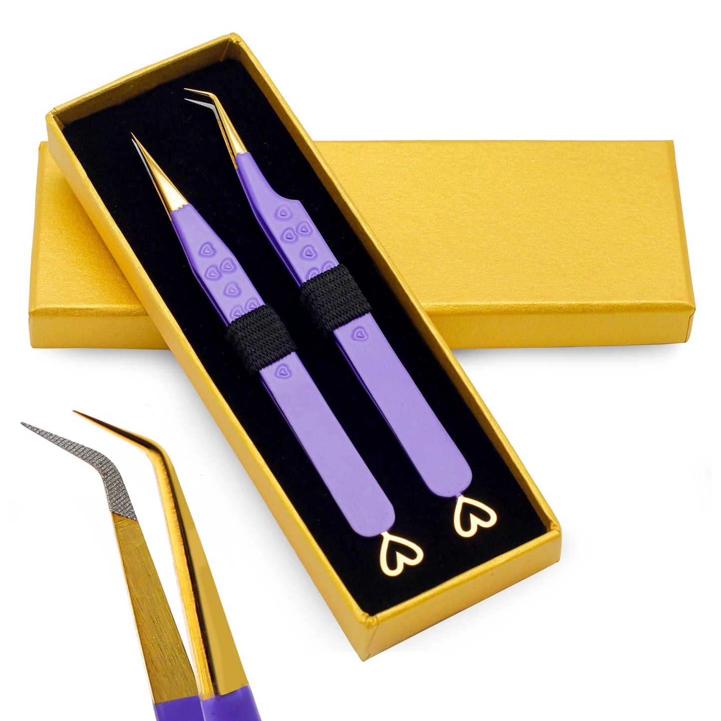 Precision Eyelash Extension Tweezers, Straight And 45-Degree, with Fiber Tip, Volume & Isolation Tweezers, Japanese Stainless Steel, Unique Heart Design (Purple Color)