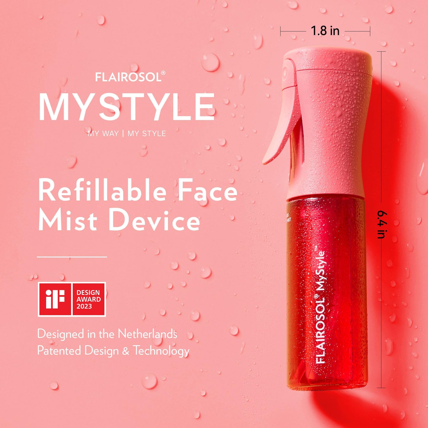 FLAIROSOL MyStyle Travel Continuous Spray Bottle, 3.04oz/90ml, Pink