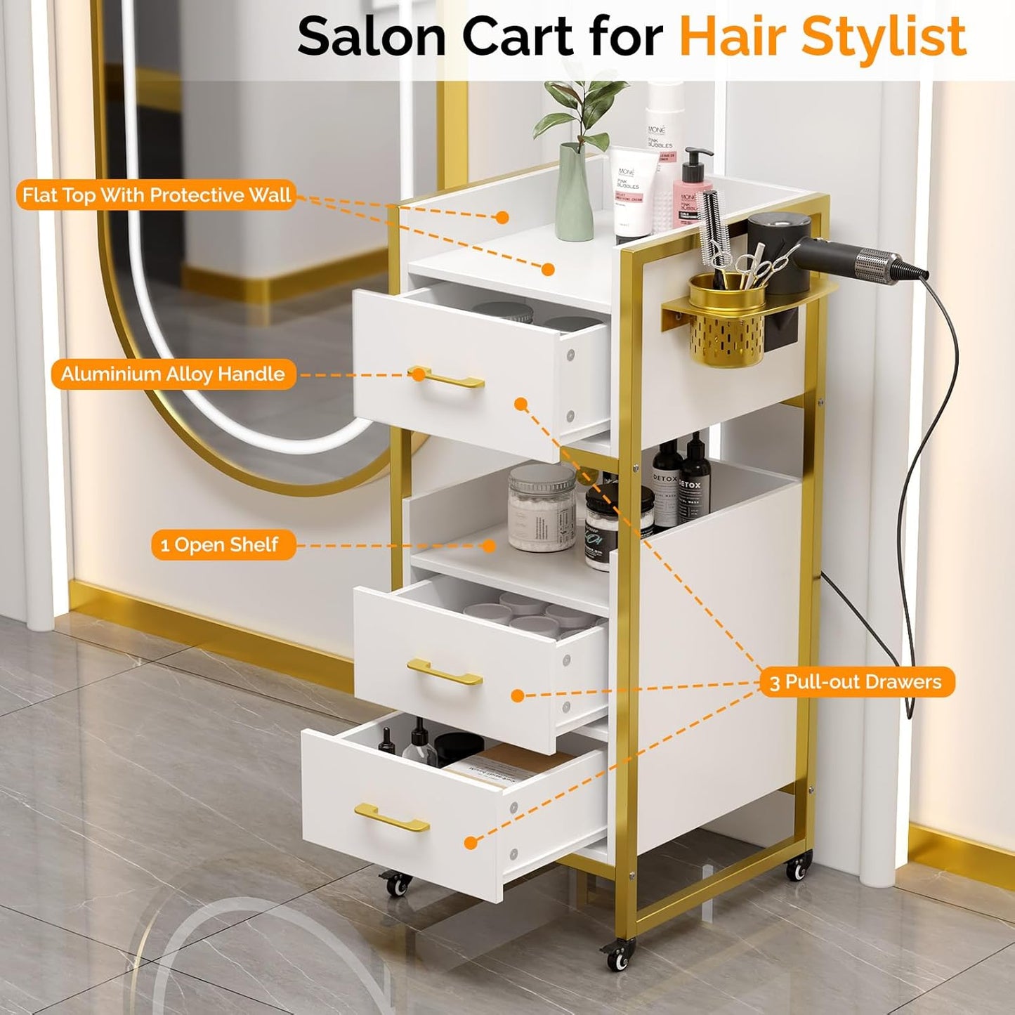 OmySalon Salon Trolley Cart - Mobile Hair Styling Station with 3 Drawers & Tool Holders | White