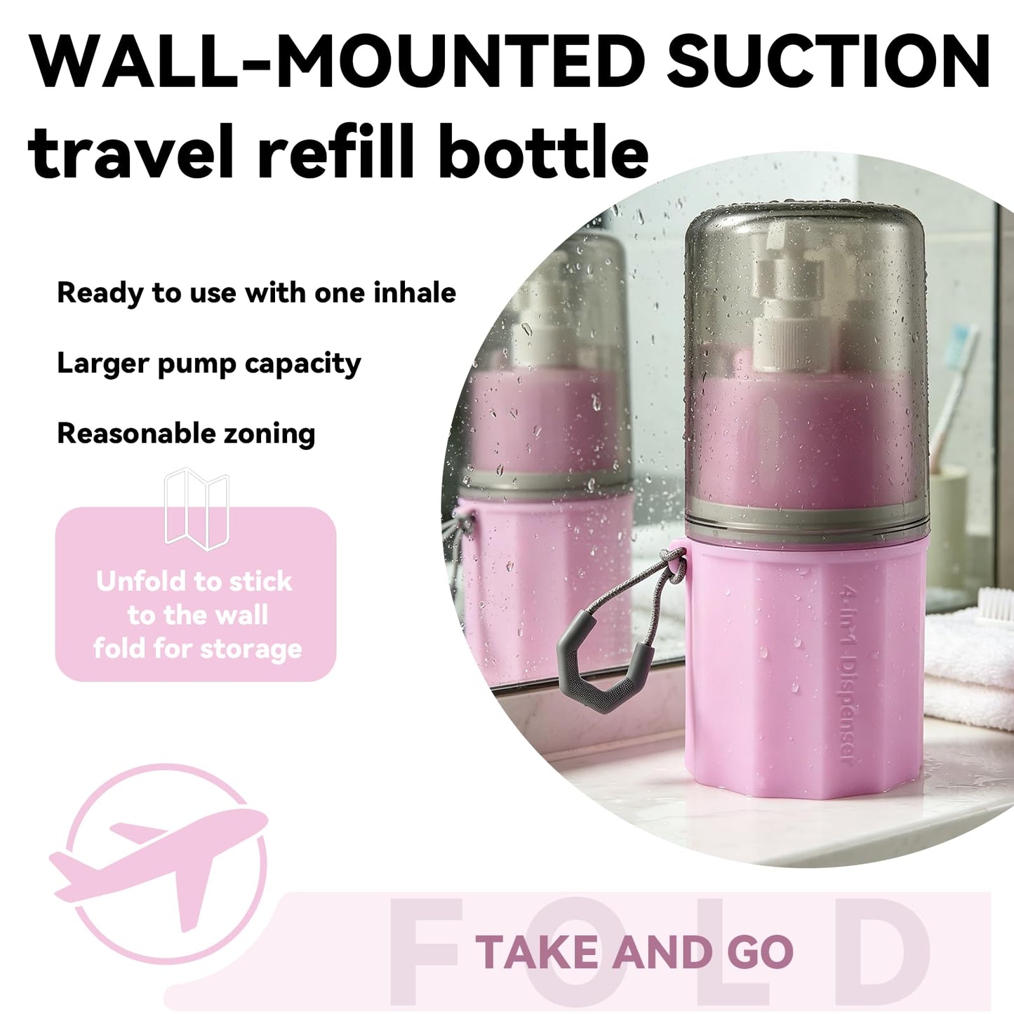 MORMID 4 in 1 Travel Dispenser，Unbreakable Silicone Travel Dispenser Bottle, Vacuum Suction Wall Mounted Refillable Containers,Leakproof Toiletry Containers for Shampoo, Lotion, Baby Care-Pink.