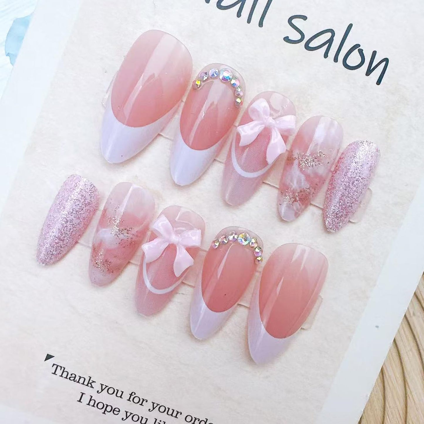 24pcs White French Tip Press on Nails Medium Almond Fake Nails with 3D Bow Glitter Rhinestones Designs Full Cover Artificial Nail Cute False Nails Reusable Stick on Nails for Women Nail Decorations