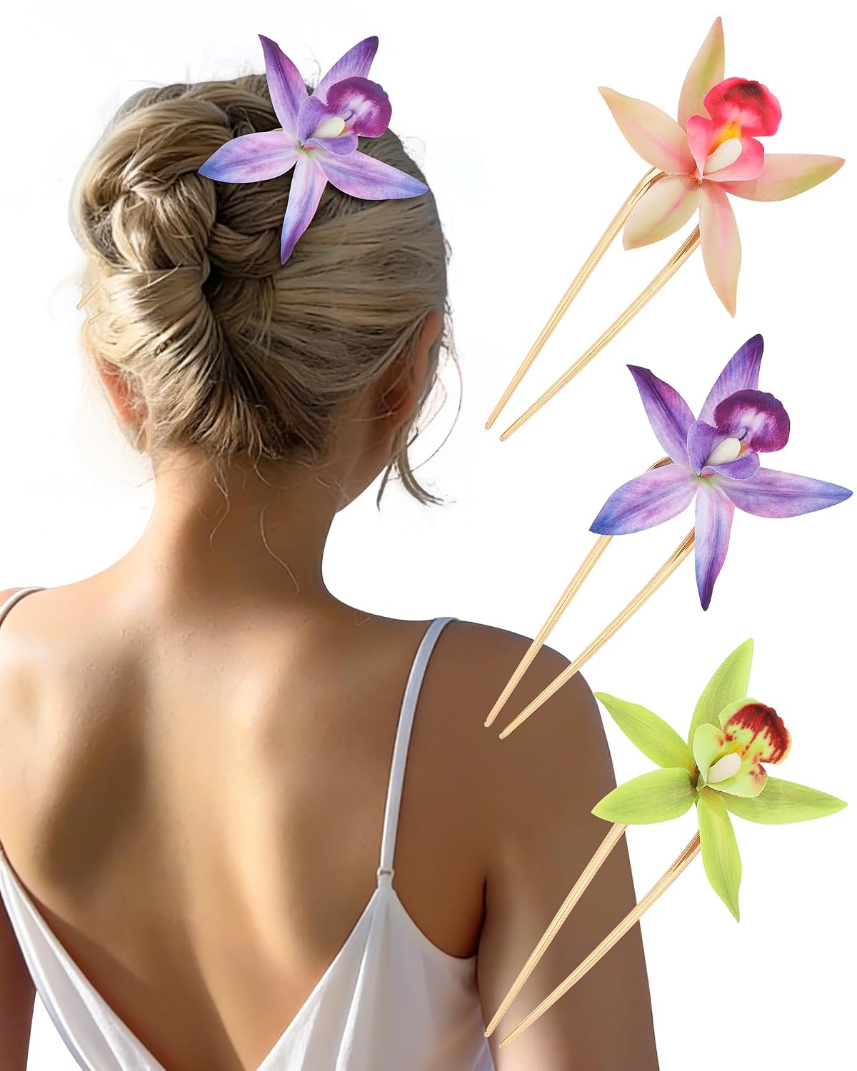 Hawaiian Orchid Flower Hair Pins - 3 Pack Metal Hair Sticks for Thick Hair Updos | Perfect for Beach Vacations