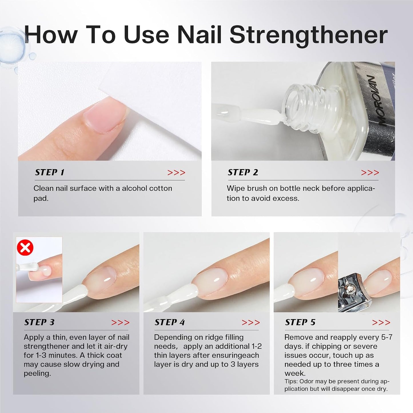 Morovan Nail Strengthener - Keratin Ridge Filler for Thin, Weak Nails | Milky White 15ml