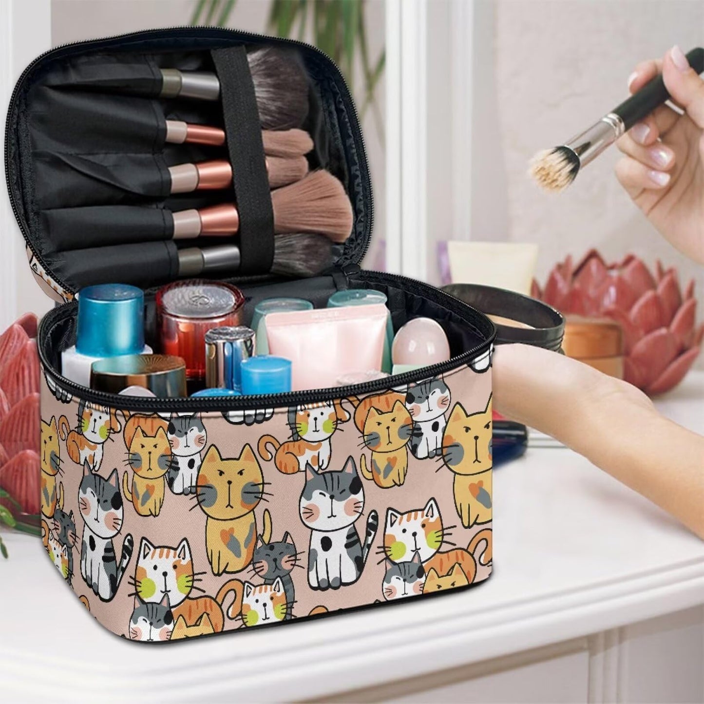 AQYAPTOIY Kawaii Cat Makeup Bag Cosmetic Travel Pouch for Women Large Make Up Bags Portable Cosmetic Storage Bag with Handle Multi-functional Toiletry Bag