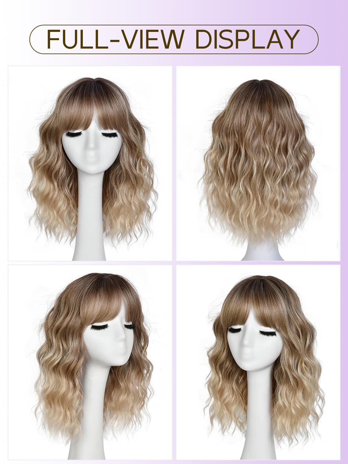 Short Wavy Wig with Bangs - Natural Curly Synthetic Hair for Women | 14-Inch Brown with Blonde Highlights