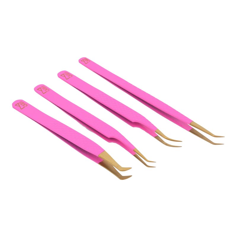 M LASH Eyelash Tweezers for Eyelash Extensions (Set of 4) - Professional Lash Extension Tweezers - Fiber Tip Lash Tweezers, Japanese Steel, Diamond Grip For Flawless Application (O3)