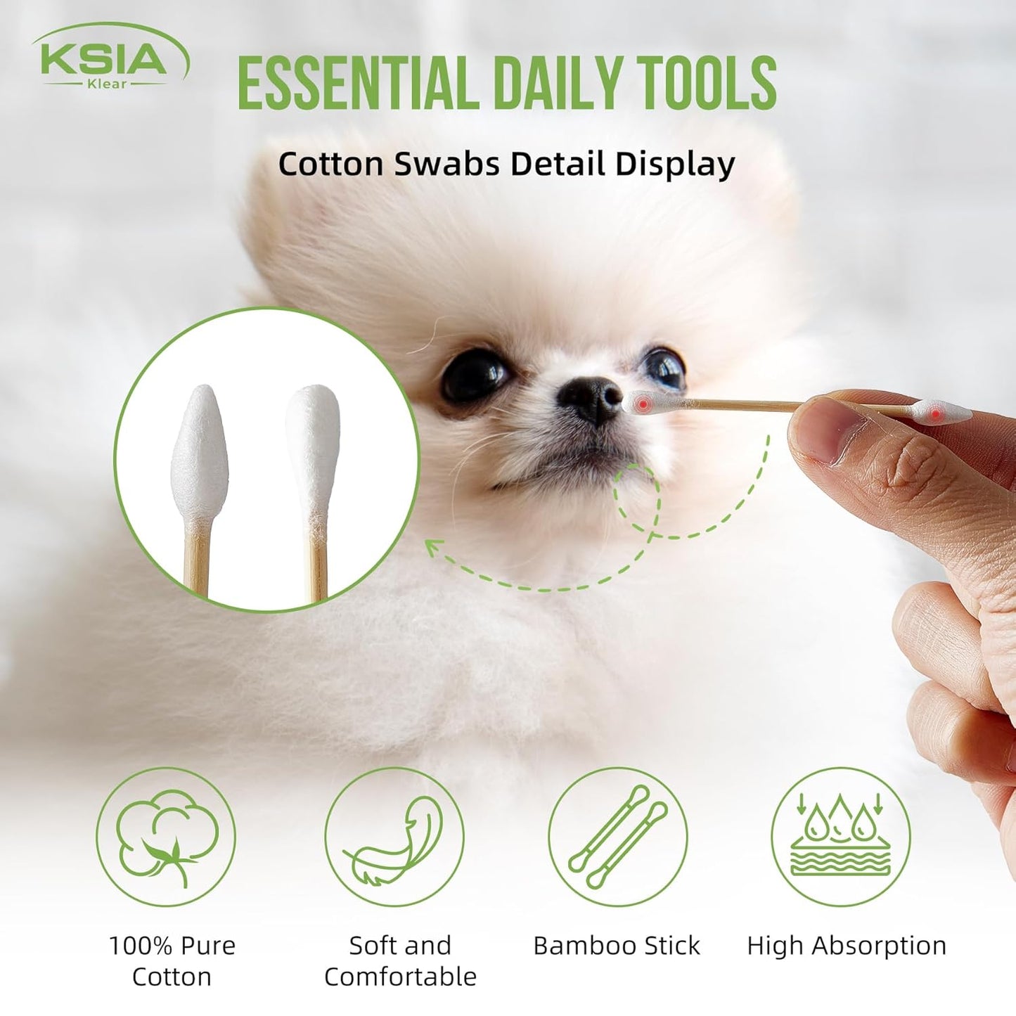 Klear Cotton Swabs - 500 Count Double Tipped Buds for Ears & Makeup | Strong Wooden Sticks, 5 Bags