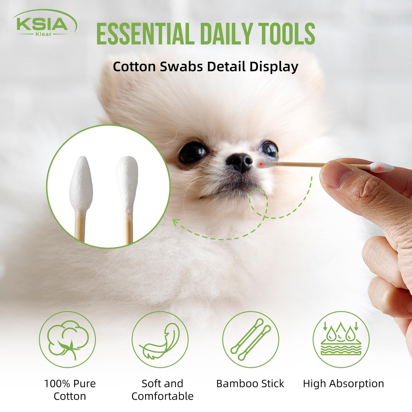 KSIA Klear Cotton Swabs 500 Count, Double Tipped Cotton Buds with Pointed & Round Tips, Strong Wooden Sticks Cotton Swabs For Ears, Makeup, Personal Care and Cleaning, 1 Box Pack