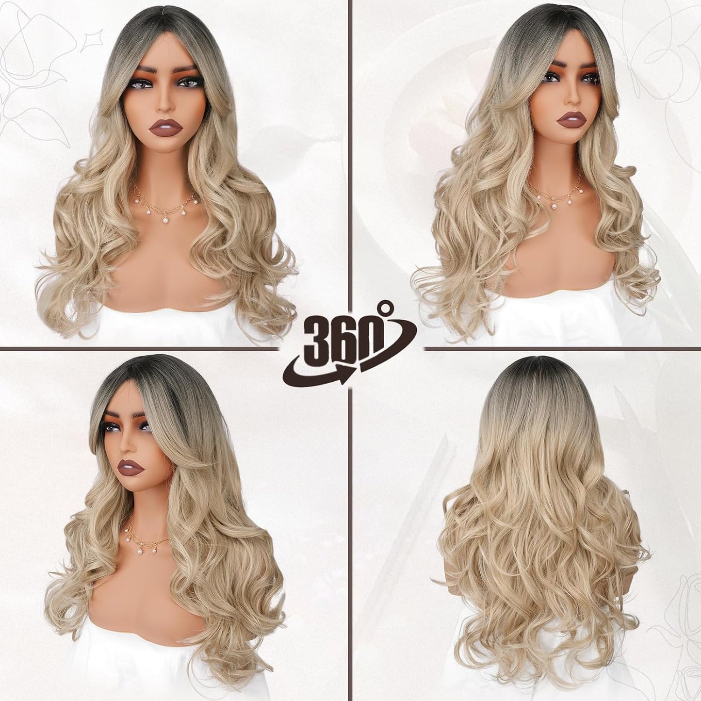 Long Wavy Blonde Curtain Bangs Wig - 26" Synthetic Ombre Wig with Dark Roots | Soft Natural Look