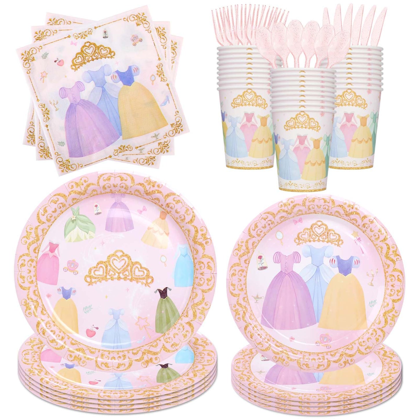 Zizzy Zuzim 175Pcs Princess Paper Plates Napkins, Princess Themed Birthday Party Decorations Pink Party Supplies Disposable Dinnerware Set Plate, Utensils, Cup, Napkin, Tableware Set, Serve 25 Guests