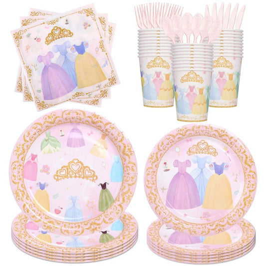Zizzy Zuzim 175Pcs Princess Paper Plates Napkins, Princess Themed Birthday Party Decorations Pink Party Supplies Disposable Dinnerware Set Plate, Utensils, Cup, Napkin, Tableware Set, Serve 25 Guests