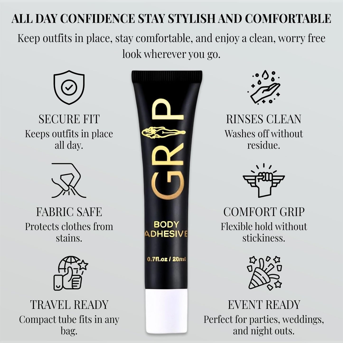 Grip Shapewear Body Adhesive Glue - Water Wash, Fabric-Safe Liquid Adhesive for Skin - Adhesives Bra Sweat Proof Glue, Stockings & Outfits - Fashion Fix for Women & Dancers - 20ml