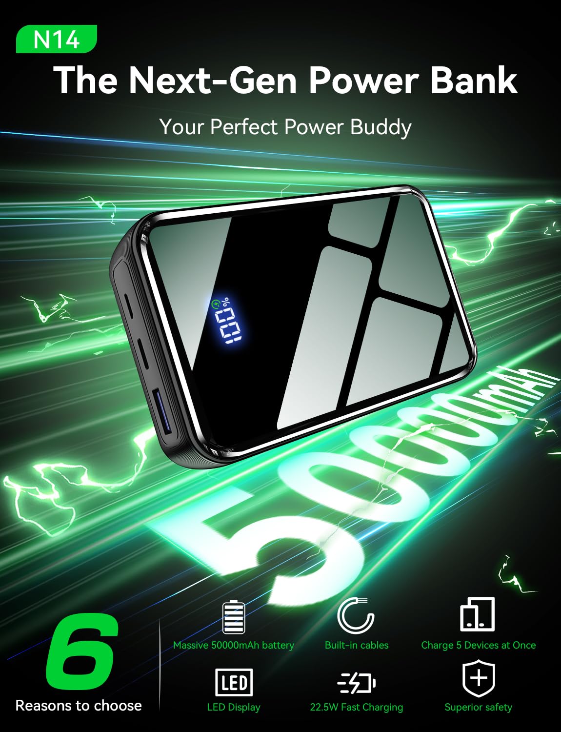 YBYP Portable Charger Power Bank 50000mAh, 22.5W Fast Charging Portable Charger with Built-in Cables, Travel Camping 4 Outputs External Battery Pack, LED Display for iPhone, Android, iPad, Black