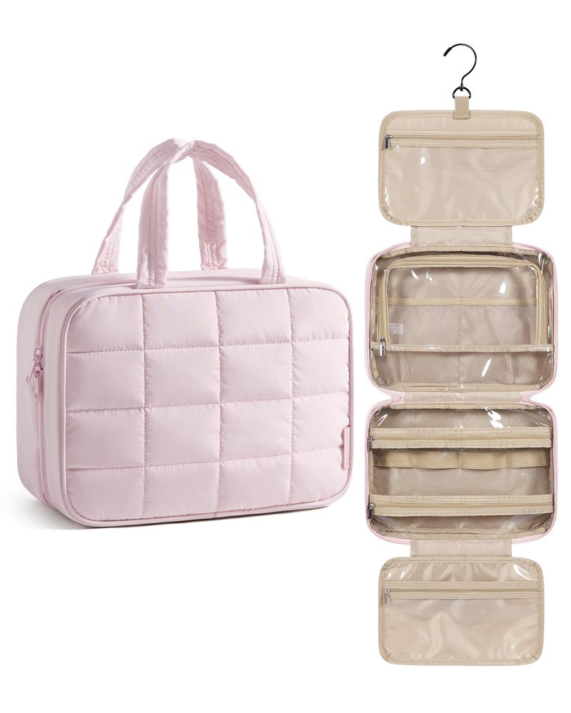 BAGSMART Travel Toiletry Bag for Womne, Hanging Travel Bag for Toiletries, Puffy Makeup Cosmetic Bag Organizer, Carry-on Travel Accessories Essentials, Pink