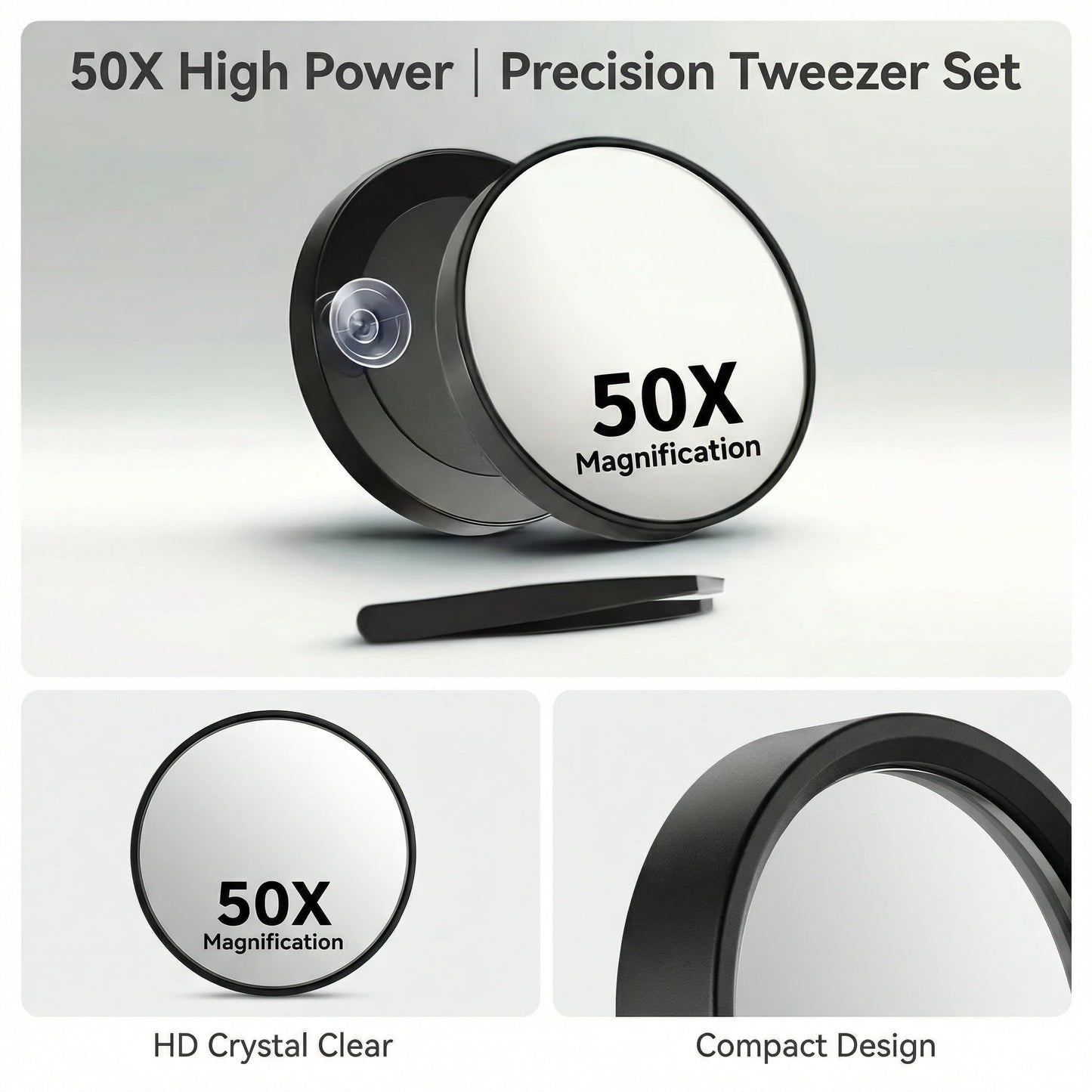 50X Magnifying Makeup Mirror, Small Round Cosmetic Tool with Suction Cups and Tweezers, Portable Handheld Mini Compact Mirror for Precision Pore Extraction Eyebrow Plucking and Travel Black