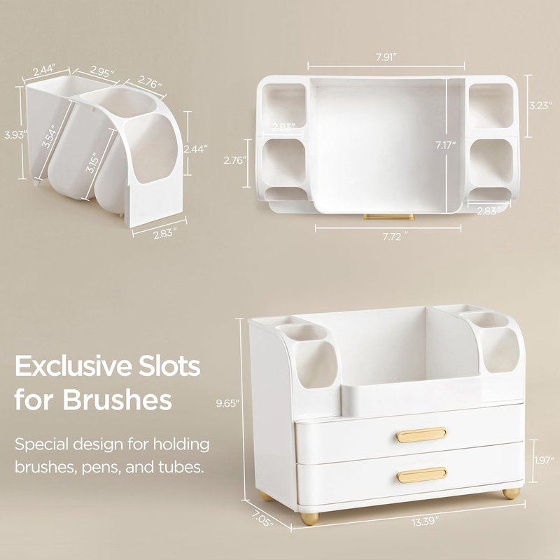 Makeup Organizer for Vanity - Large Bathroom Countertop Cosmetic Storage with Brush Holder | All White