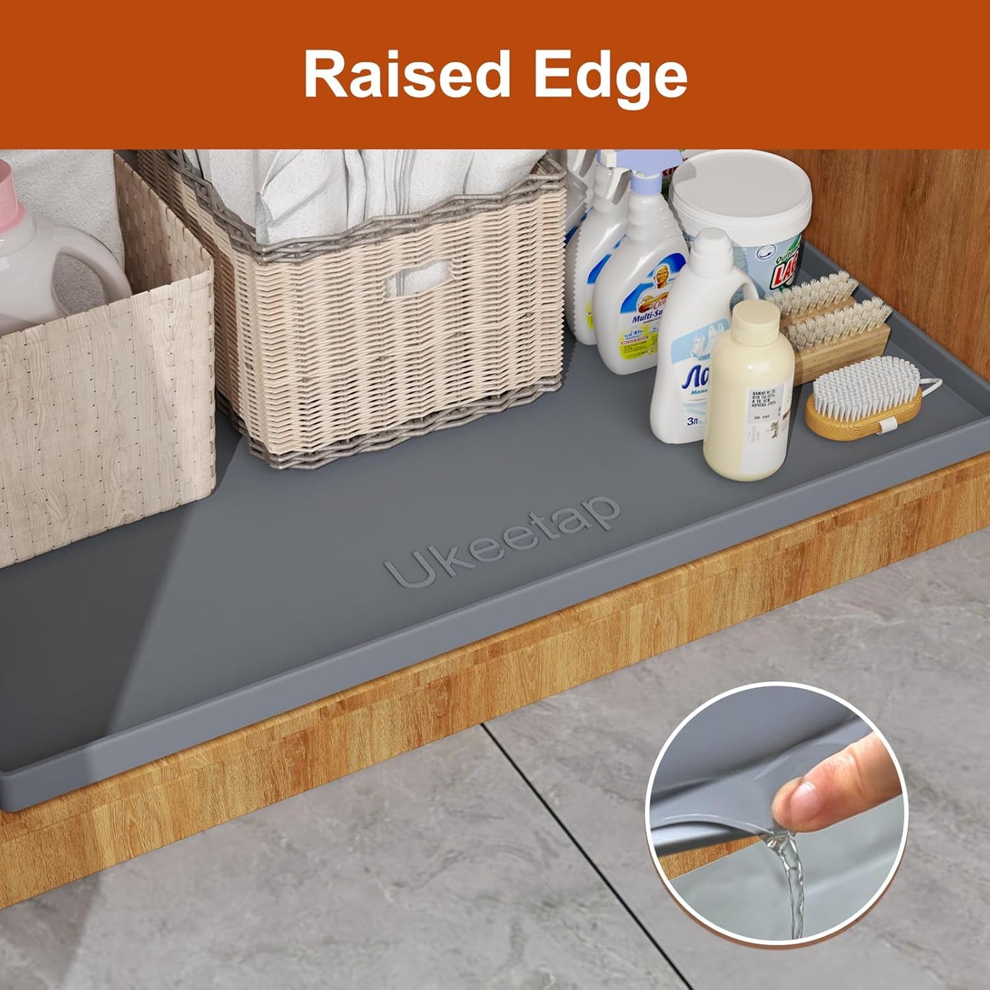 Extra Thick Waterproof Silicone Mat - Raised Edge Under Sink Protector | 34" x 22", Gray