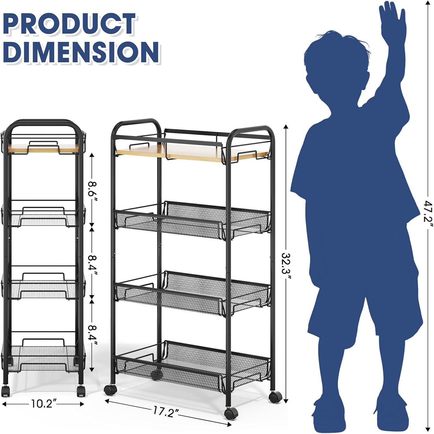 4-Tier Rolling Utility Cart - Metal Storage Trolley with Wooden Tabletop & Mesh Baskets | Easy Assembly for Kitchen, Bathroom, Laundry Room, Bedroom