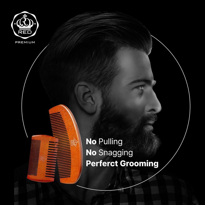 RED by Kiss Premium Wood Men Dual Side Beard Comb, Easy Detangling and Styling, Durable Design for Gentle Beard Hair & Mustache Grooming Essential, No Snagging & Pulling, Maximize Conditioning
