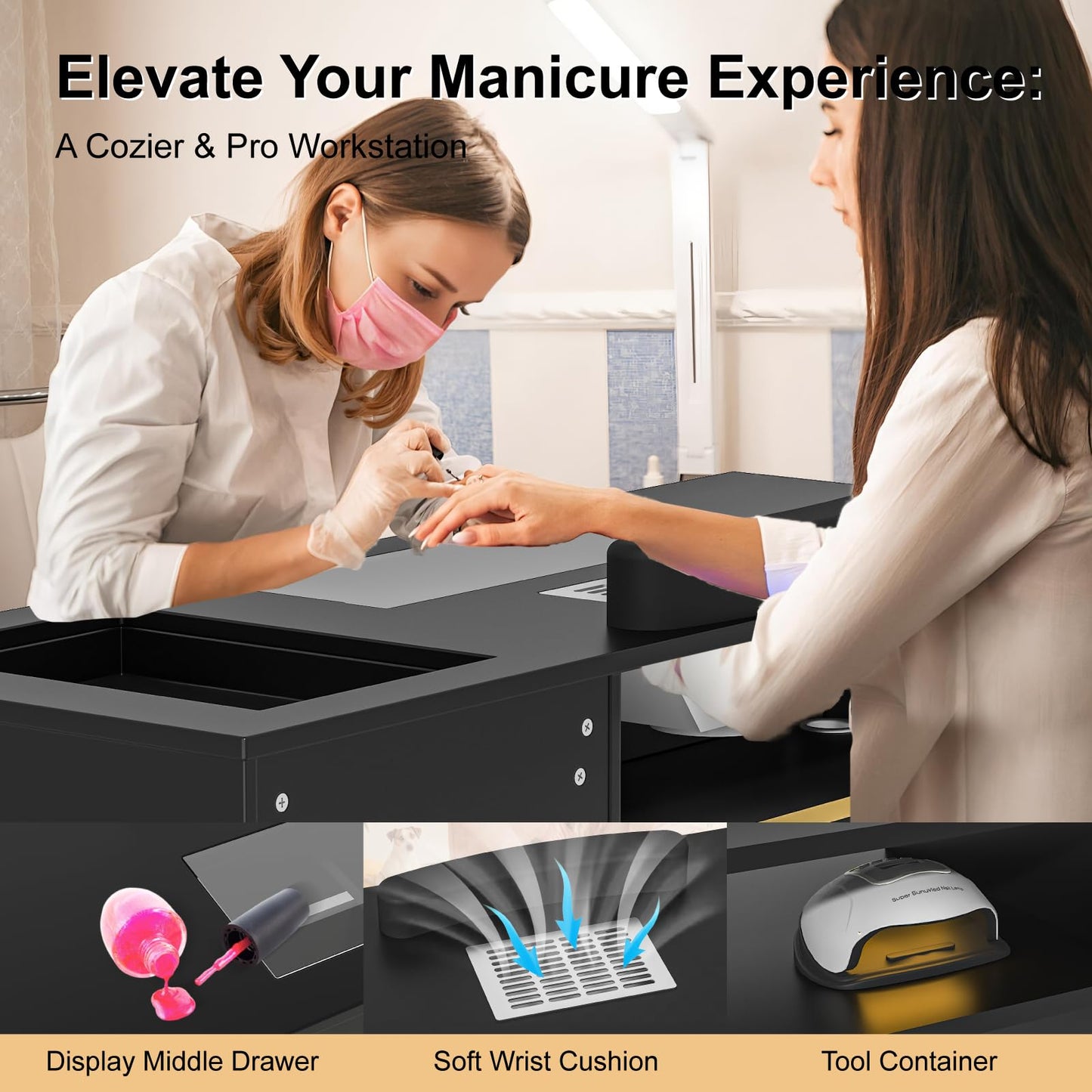 ELEVACHIC Manicure Table Nail Desk w/Electric Dust Collector, Glass Top Versatile Manicure Station for Nail Tech, Includes Wrist Cushion, Storage Cabinet & Drawers, Shelves, for Salon & Home, Black