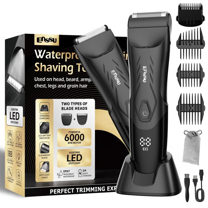 ENSSU 2-in 1 Body Hair Trimmers for Men, Pubic Groin Hair Trimmer for Men with Dual-Head Trimmer & Foil Blade, Electric Ball Trimmer Razors w/Light, Charging Dock, Waterproof Body Groomer Shaver Kit