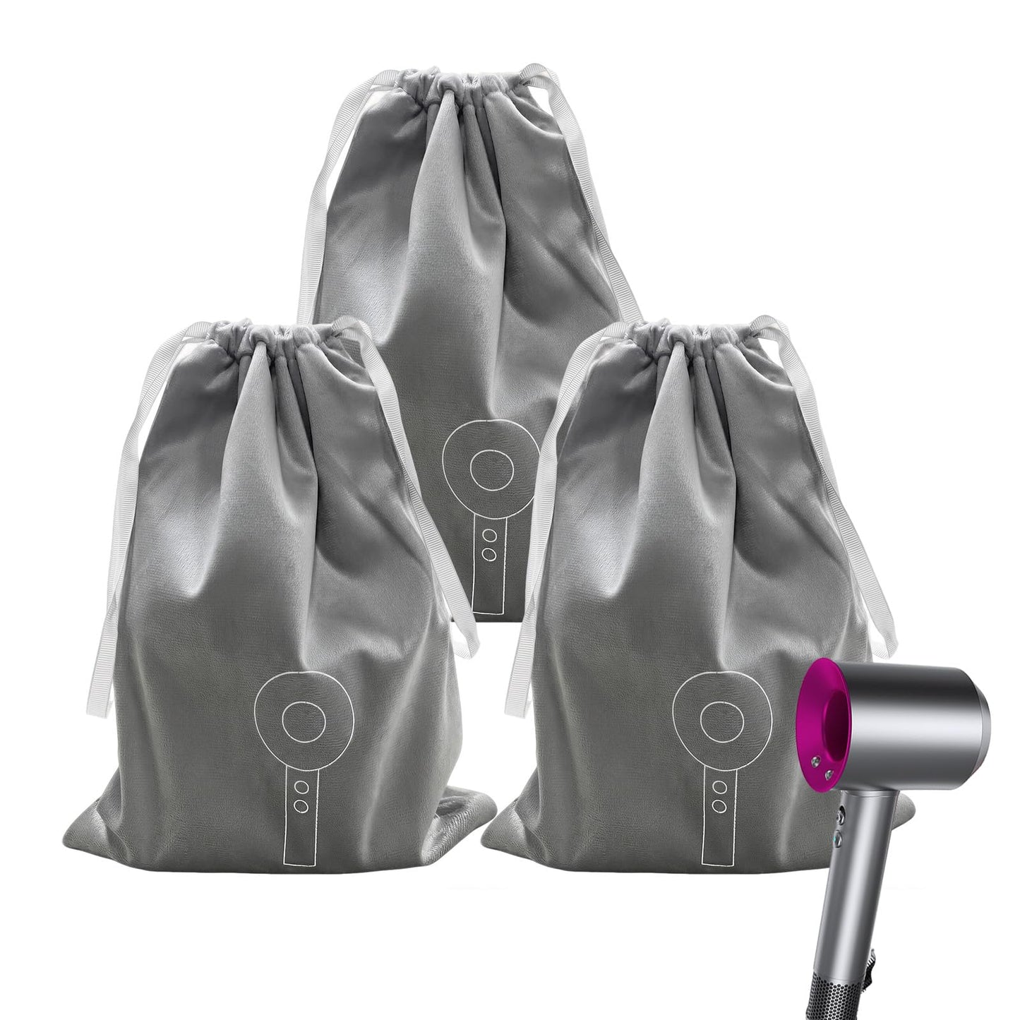 Etenpo 3 Pack Hair Dryer Bag with Double Layer, Grey Large Blow Dryer Bag for Travel and Home Storage, Heavy Duty Drawstring Hair Dryer Storage Bag for Attachments and Styling Tools (9.8" x 13")
