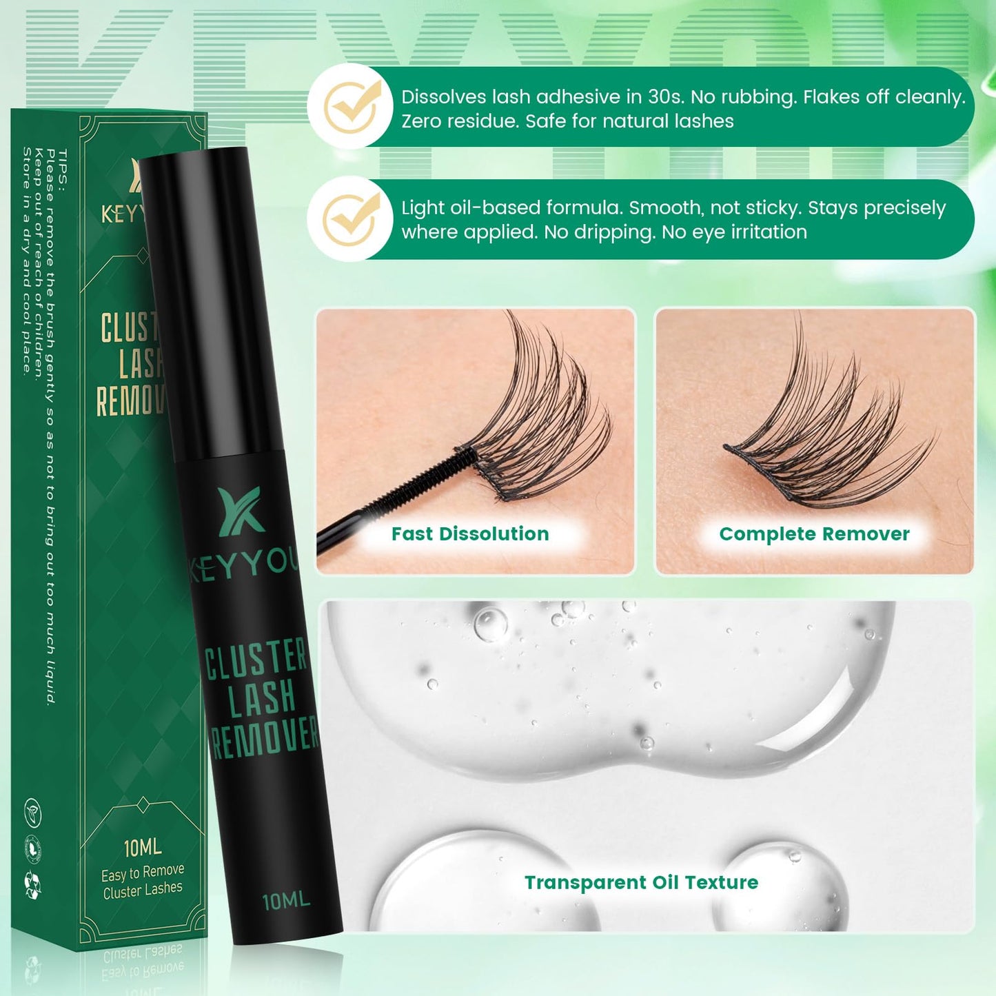 KEYYOU Lash Remover with Brush 10ML, Fast-Acting Lash Glue for Eyelash Cluster, Lash Cluster Remover Oil for False Eyelash Glue Dissolve, Gentle Eye Makeup Cleanser(10mL)