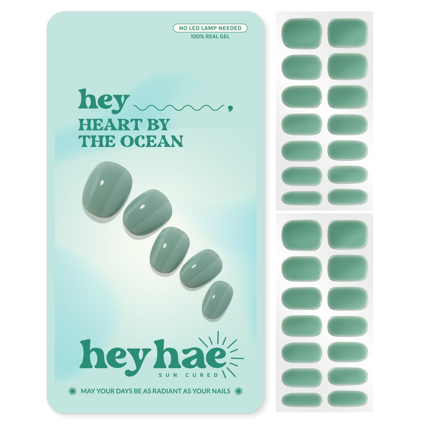 Heyhae Semi Cured Gel Nail Strips | No LED Lamp Needed | Teal, Jelly | Easy Apply & Remove, Salon Quality | Includes 28 Strips, 2 Prep Pads, Nail File & Wooden Stick - Hey, Heart by the Ocean