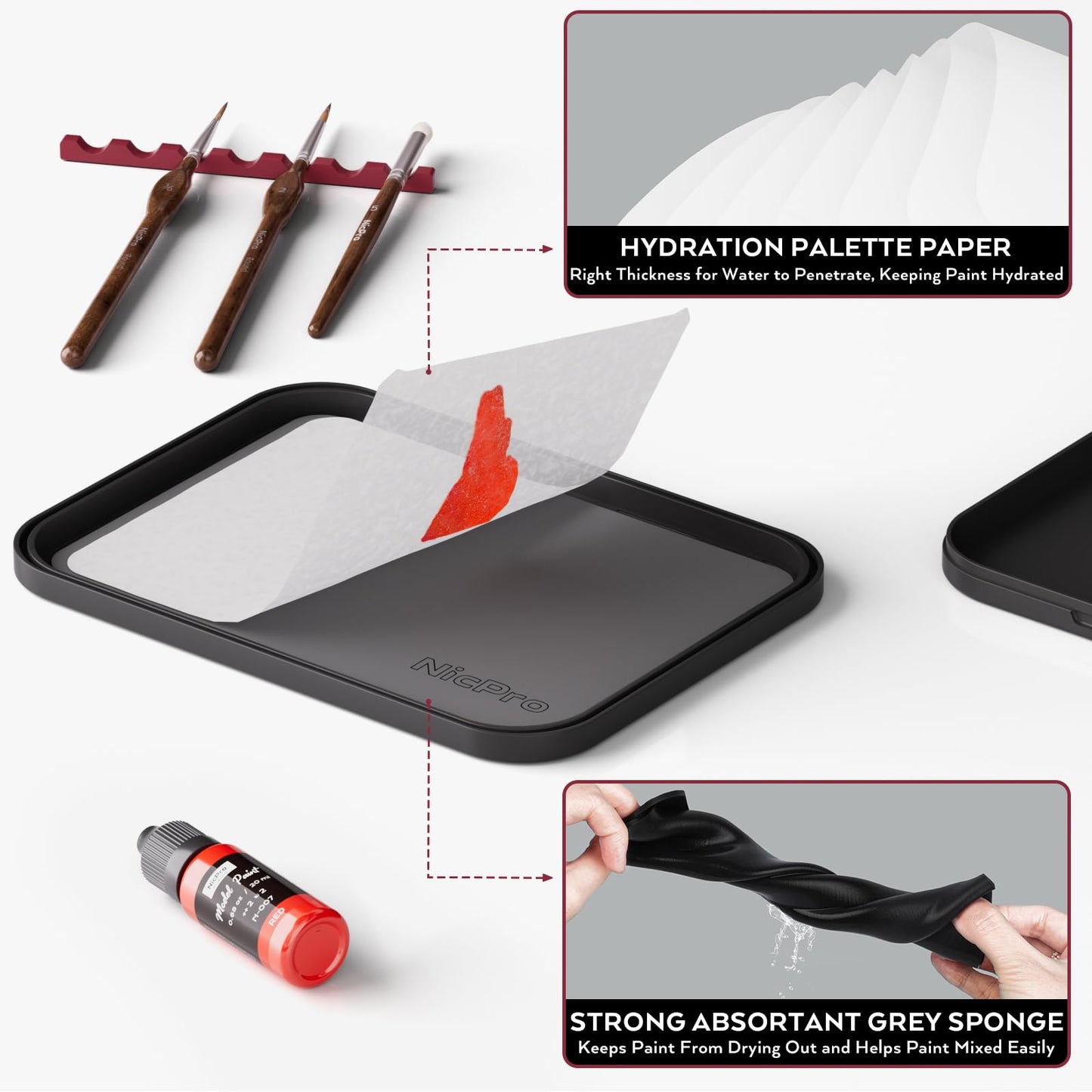 Nicpro Professional Miniature Painting Kit with Wet Palette, Miniature Painting Handle & 11PCS Detail Paint Brushes Drybrush, Sponge, Pallet Paper, Brush Holder Mixing Paint Saver Palette