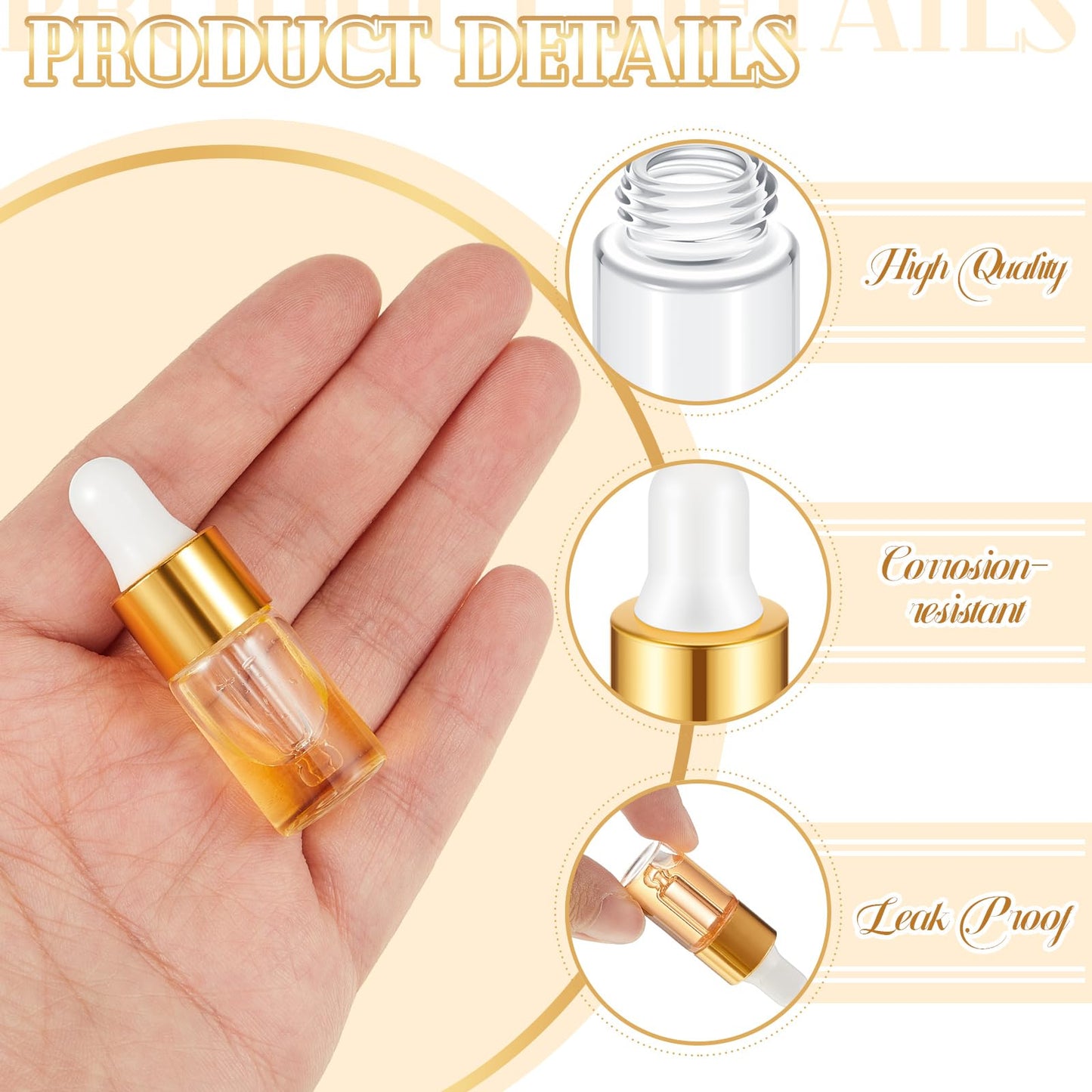 Didaey 200 Pcs 3 ml Mini Glass Oil Dropper Bottle Bulk, Clear Essential Small Empty Bottles Sample Containers Perfume Liquid Vials with Cap for Traveling (Champagne Gold)