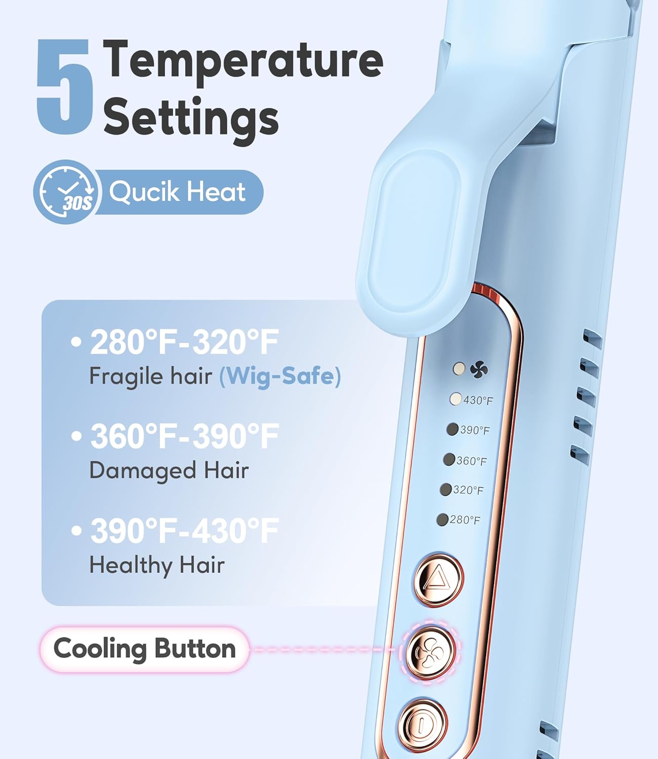 Farery Chill Set Soft-Air Curling Iron - 2-in-1 Hair Straightener & Curler with Long Barrel, Quick Styling in Blue