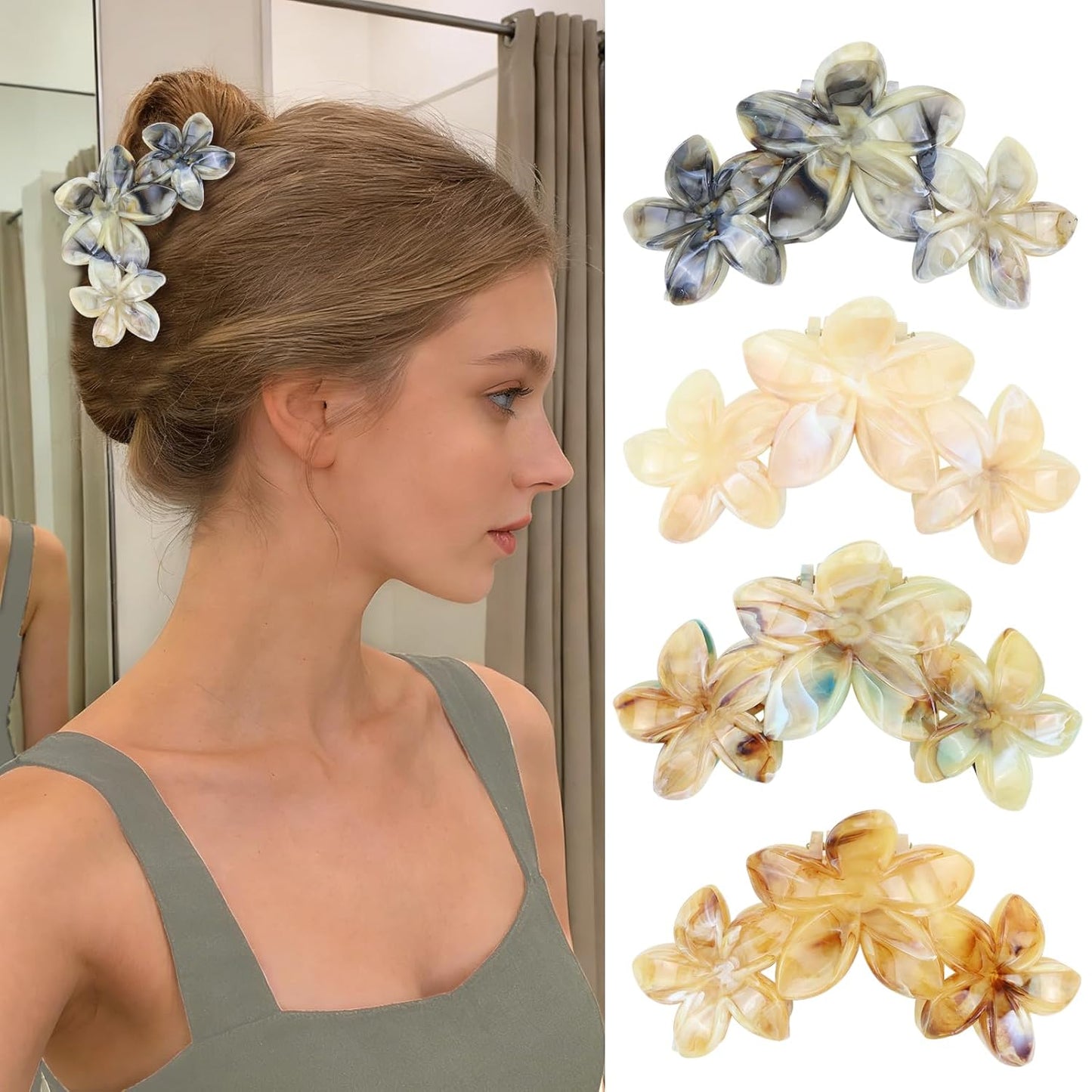 Cute Hawaiian Flower Claw Hair Clips - 4Pcs Large Clips for Thick or Thin Hair | Pink & Red Beach Accessories