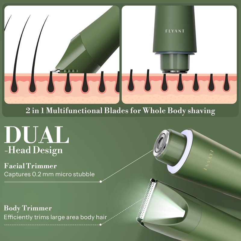 Flyant Bikini Trimmer for Women, 2 in 1 Electric Shaver for Women, Pubic Hair Trimmer Waterproof IPX7 with LED, Bikini Razor for Leg Arm Underarm Bikini Area, Pull Bows Gift Box for Friends - Green